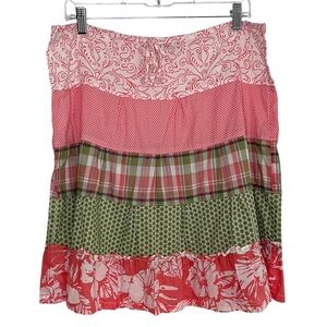 J.Crew XS Patchwork Tiered Cotton Skirt Pink Green‎ Plaid Floral Boho